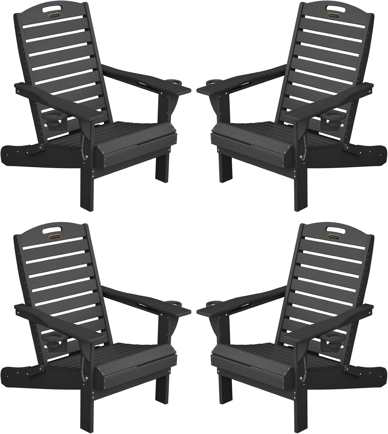 Adirondack Chairs Set of 4, Outdoor Fire Pit Chairs, HDPE All-Weather Adirondack Chairs with Cup Holder, Lawn Chair for Deck, Patio, Garden (Black)
