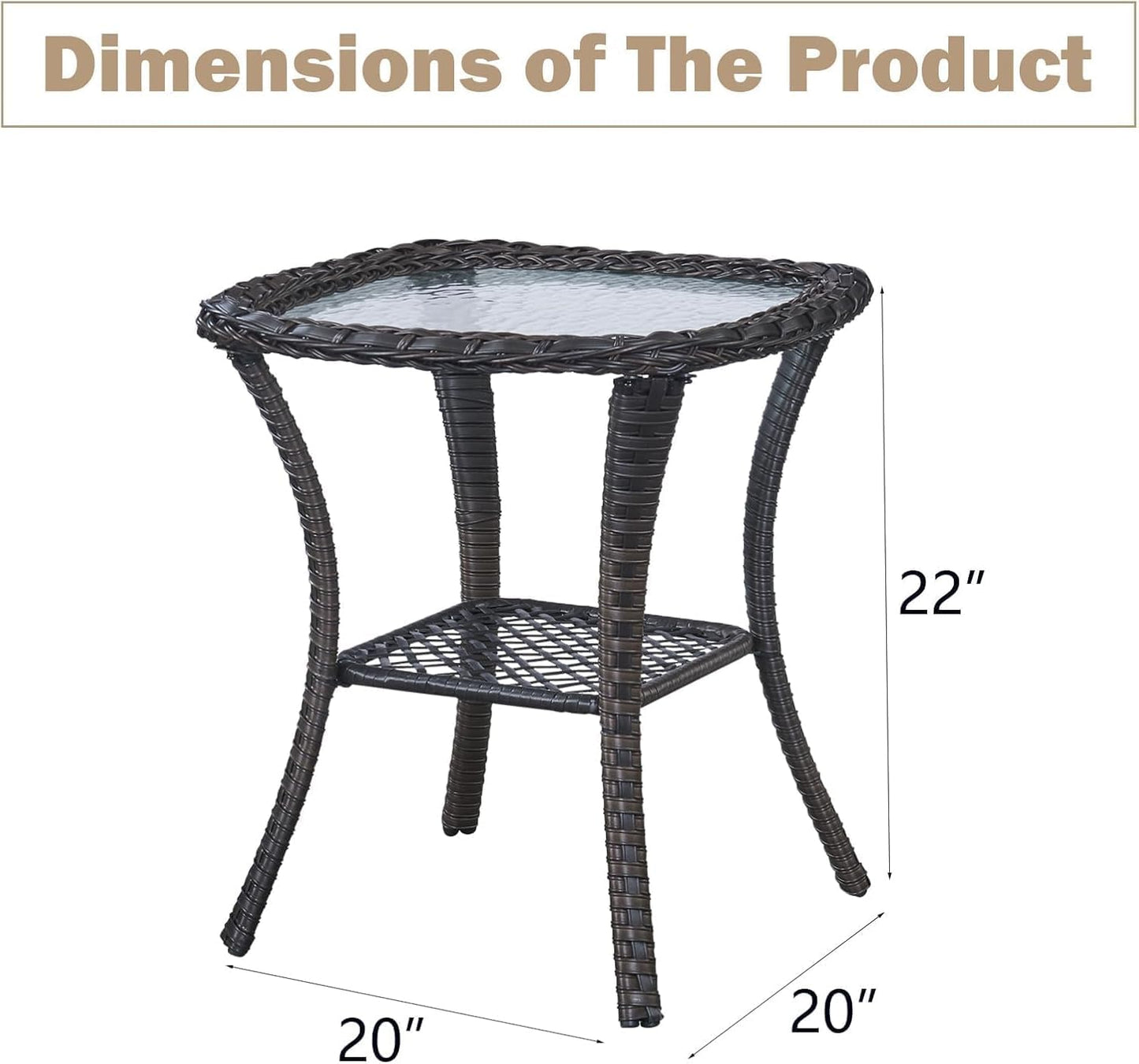 Outdoor Side Table, Brown Rattan Wicker Patio Side Table, Patio End Table, Small Outdoor Side Table with Glass Tabletop and Storage Shelf (Brown)