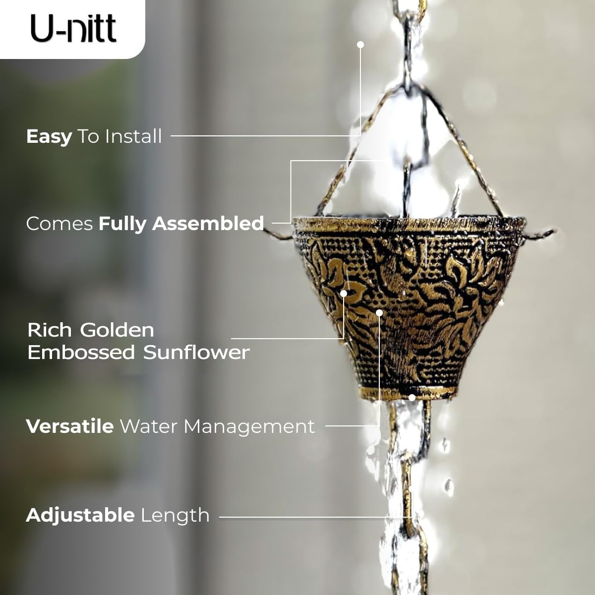 U-nitt Rain Chain Water Collection for Gutters, Rainwater Catcher & Diverter, 8.5 FT Chains for Outside Garden, Sunflower Cups, Roof Downspout, Works with Heavy Rain, w/Gutter Clip for Rainchains