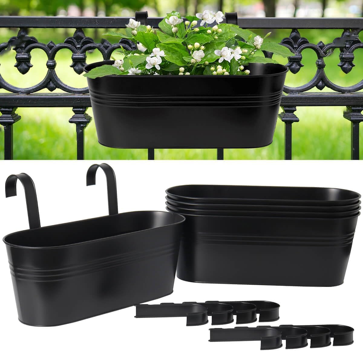 vensovo 16 Inch Railing Planter for Outdoor Plants - 5 Pack Large Metal Balcony Hanging Planters with Detachable Hooks and Drain Holes Oval Box Rail Pots for Home Garden Fence, Black