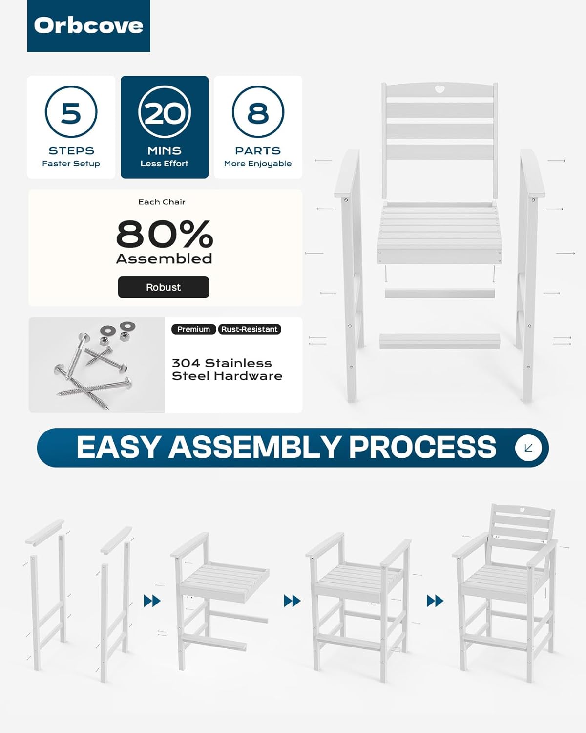 5-Piece Bar Height Patio Table and Chairs Set, HDPE Wood Grain Outdoor Bar Table and Chairs with Heart Cutout Design, Weather-Resistant Bar Height Furniture for Deck, Porch, Pool (White)