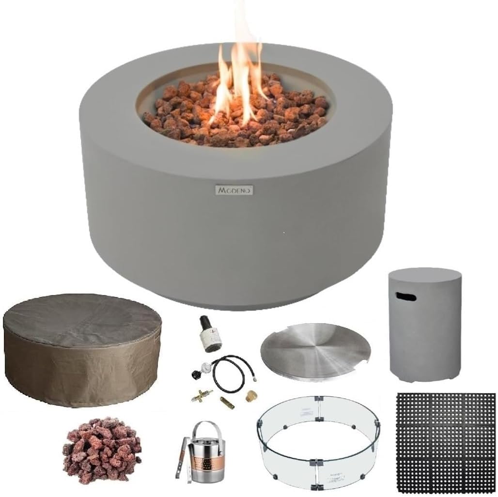 AMS Fireplace | Modeno Waterford Package | Light Gray Liquid Propane Gas Fire Pit Table for Outside Patio Bundle with Tank Cover | Free Ice Bucket & Rubber Mat