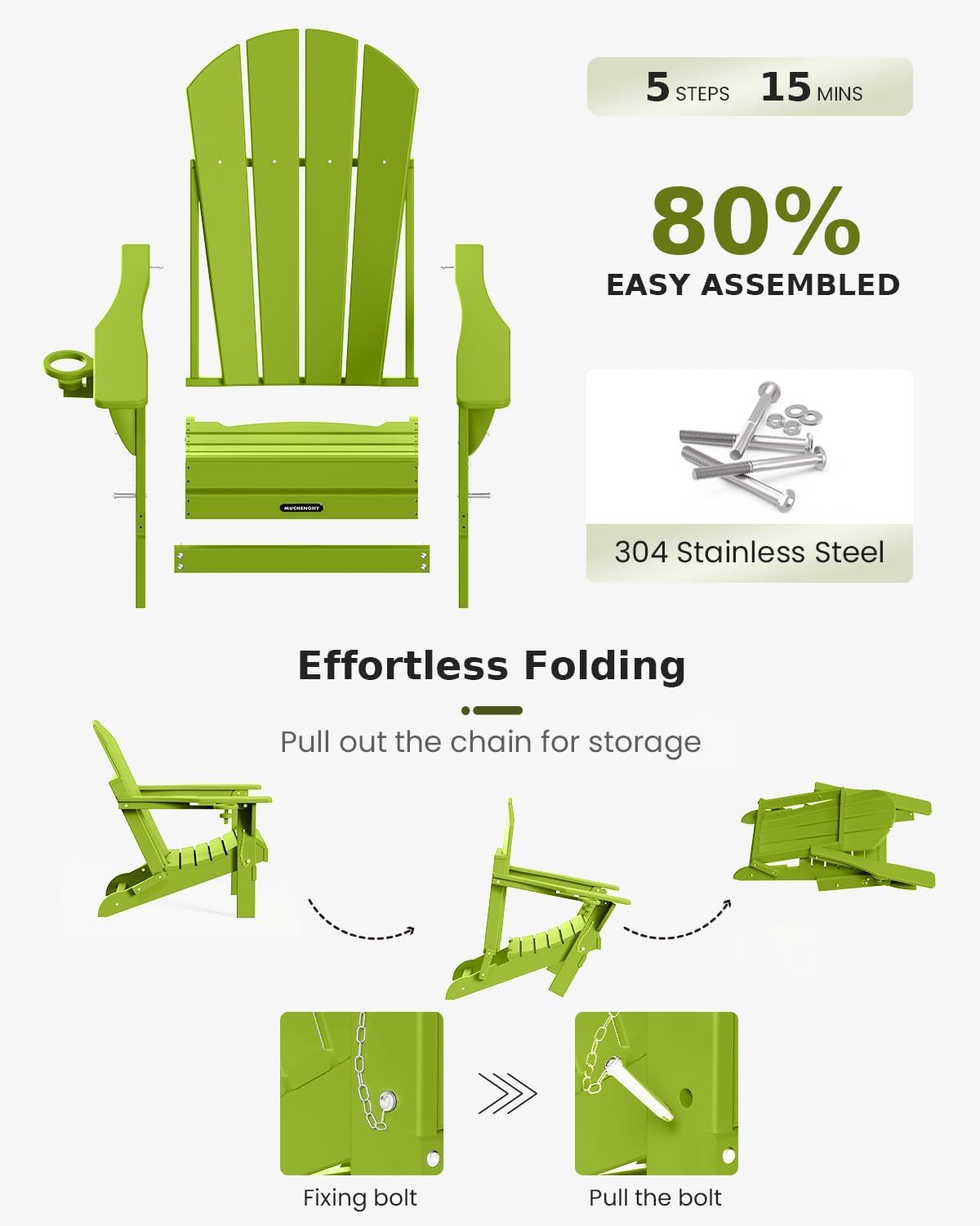 MUCHENGHY Folding Adirondack Chairs Set of 4, Patio Chairs, Lawn Chairs, Outdoor Chair, Adirondack Chair Plastic, Fire Pit, Weather Resistant with Cup Holder for Deck, Backyard, Garden(Lemon Green)