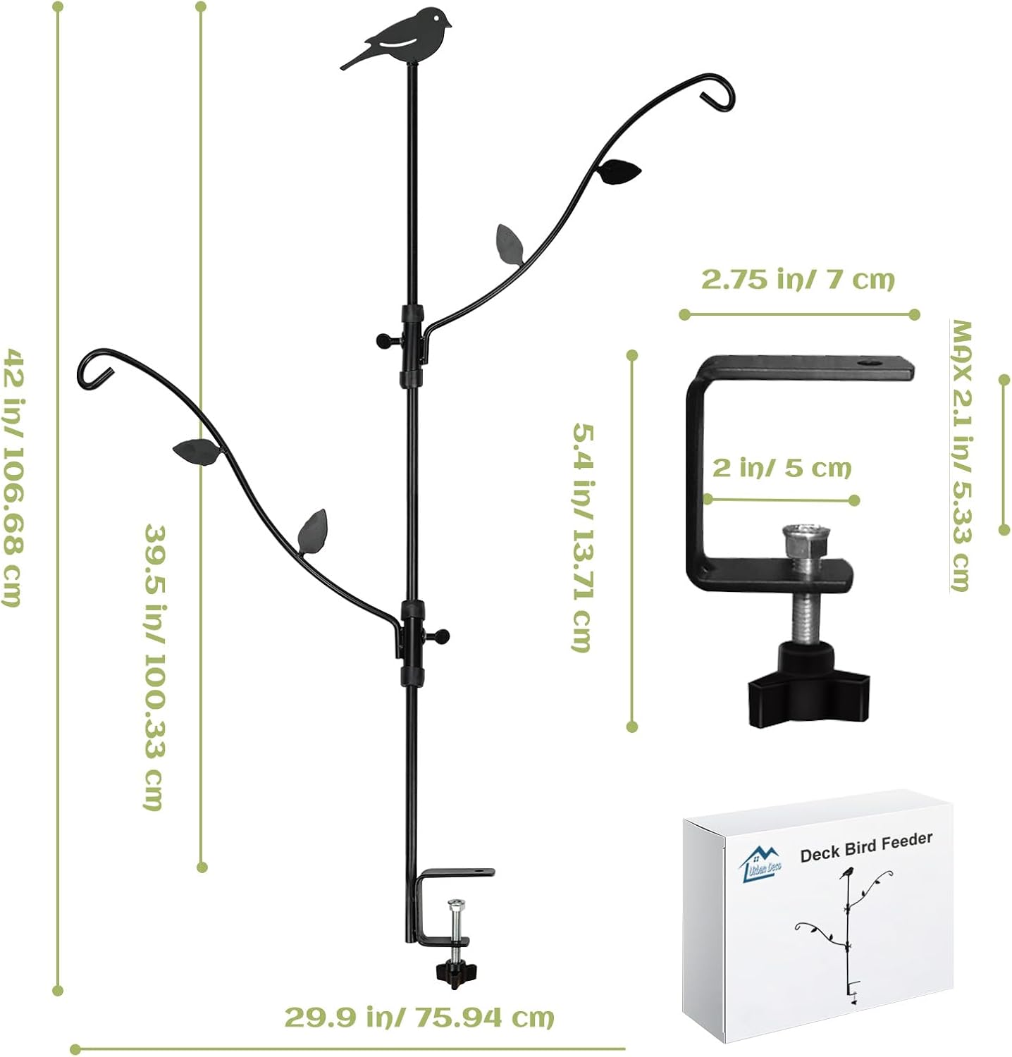 Deck Bird Feeder with Multi-Hooks and Adjustable Branches for Porch