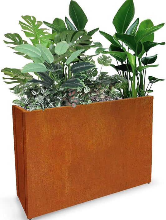Metal Tall Long Planter Box Large Rectangular Planter Flower Pot with Drainage Holes for Indoor Outdoor Deck Porch Garden Home Patio Front Door (Rusty Orange, M)