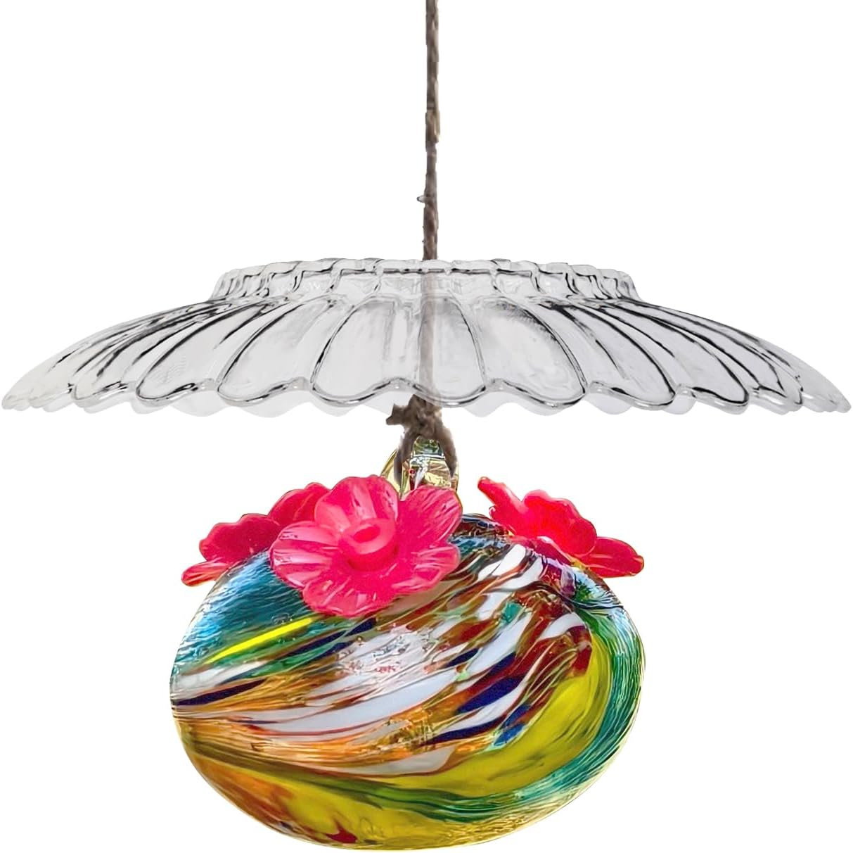 Small Glass Hummingbird Feeders for Outdoors Hanging - Hand Blown Glass Ball Nectar Feeding + Rain Cover, Multi Color with 3 Flowers Feeding Ports, Decor for Garden/Backyard Outside