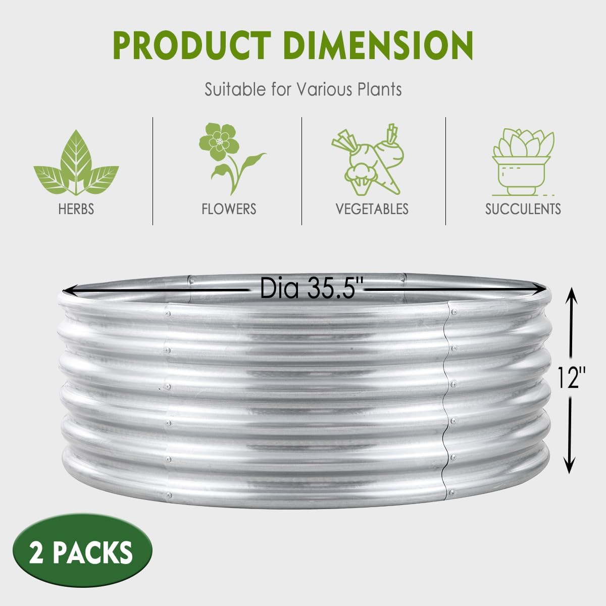 FORTUNO 2 Pack 3 Ft Round Galvanized Raised Garden Bed Box 36 Inches Metal Outdoor Flower Bed Steel Patio Ground Planter for Planting Vegetables and Herb, Silver
