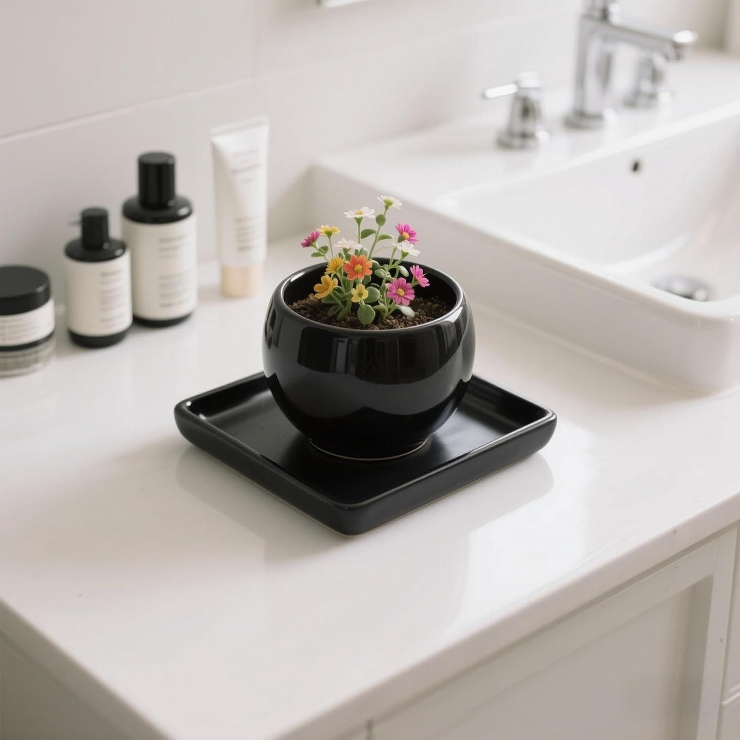 Square Plant Saucer 6 Inch 2 Pack，Plant Trays for Pots, Black Ceramic Plant Saucers for Indoors Outdoors, Plant Drip Tray 4 6 8 10 12 14 Inch