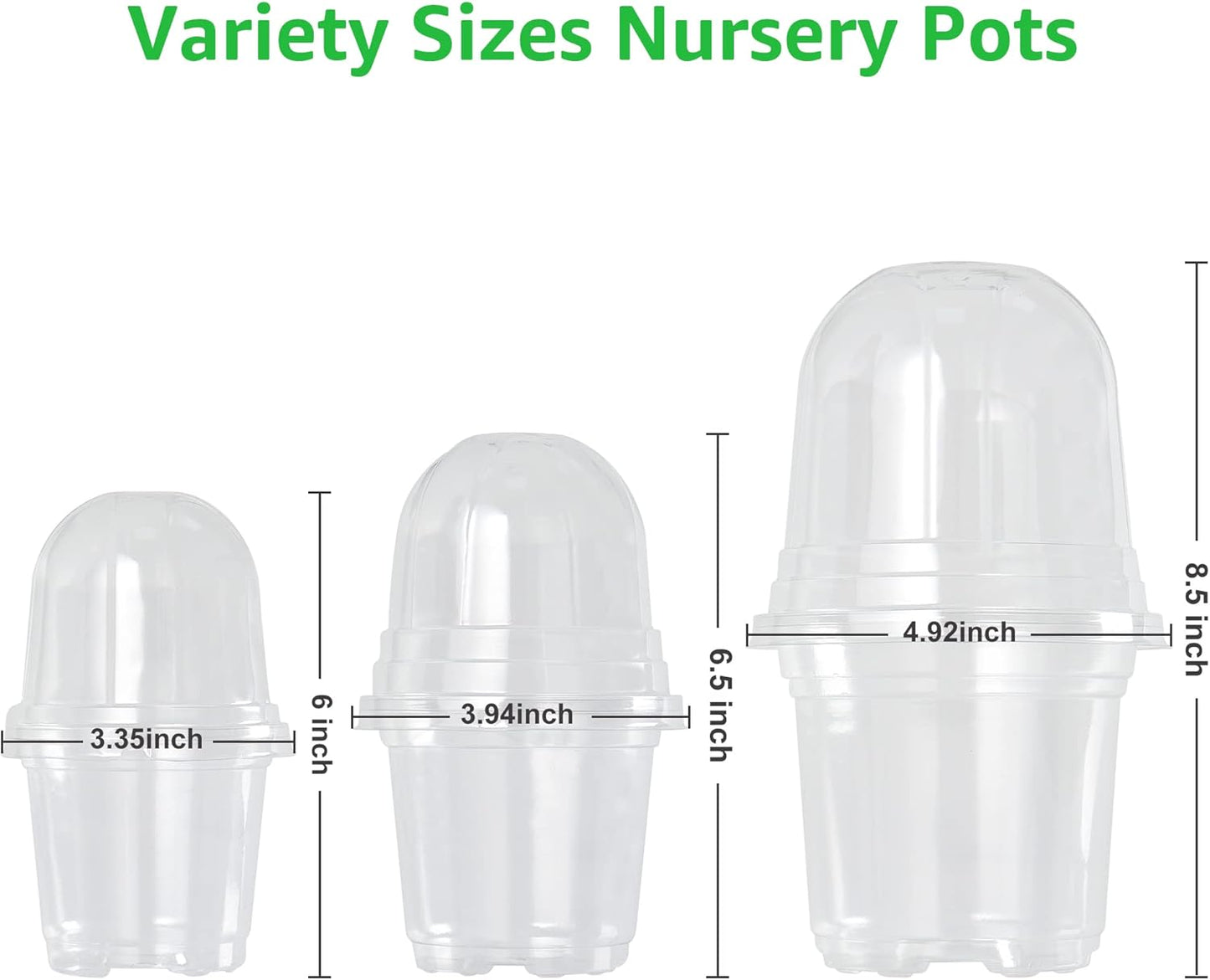 Bonviee 36 Packs 3.5/4/5 Inch Clear Nursery Pots with Humidity Domes, Variety Sizes Seed Starting Pots with Drainage Holes, Transparent Garden Containers for Succulents, Flowers and Cactus-Clear
