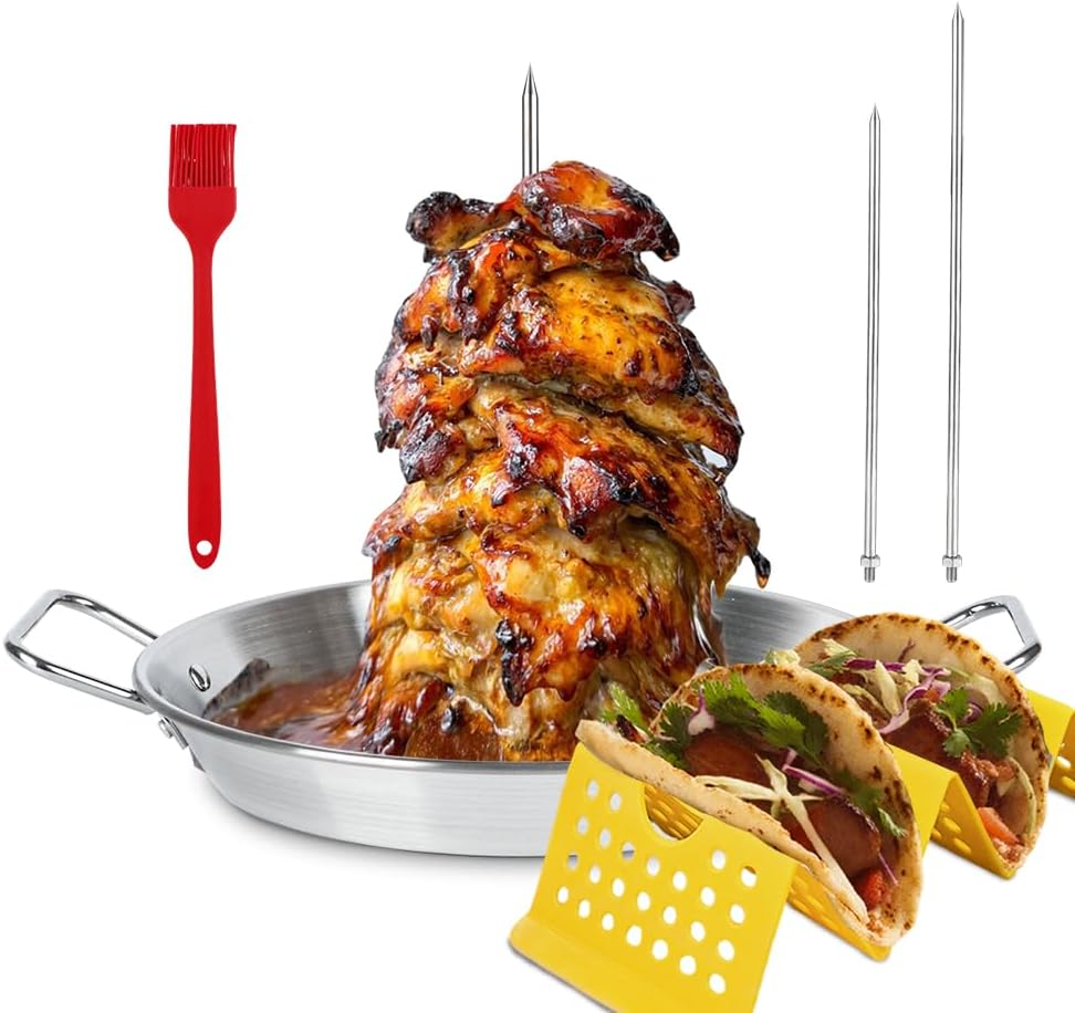 BBQ Vertical Skewer Pan Stainless Steel Gyro Spit Shawarma Stand for oven, Al Pastor Skewer for Grill, El Pastor Hack for Tacos Al Pastor Chicken, Brazilian, with 8",10" stick