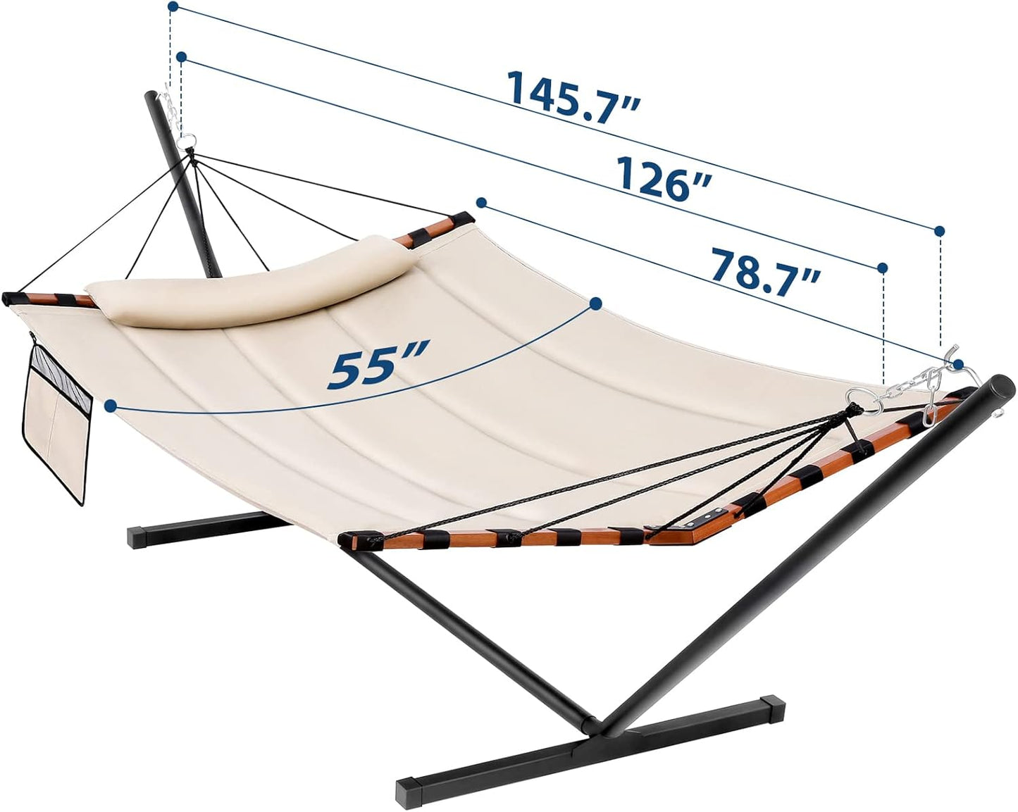 TegerDeger 12FT 2 Person Hammock with Stand Included 55 x 79IN Large Hammock 450LB Capacity with Hardwood Spreader Bar & Nylon Rope for Outside, Patio, Garden, Backyard, Beach, Poolside - Beige