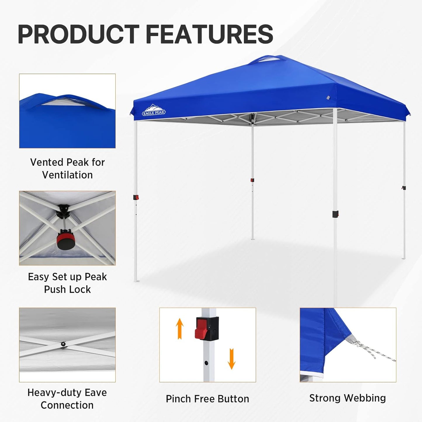 EAGLE PEAK Pop Up Canopy Tent with Wheeled Carry Bag, 8 Stakes, 4 Ropes, Easy Set Up Tent Canopy, 8x8 ft, Blue