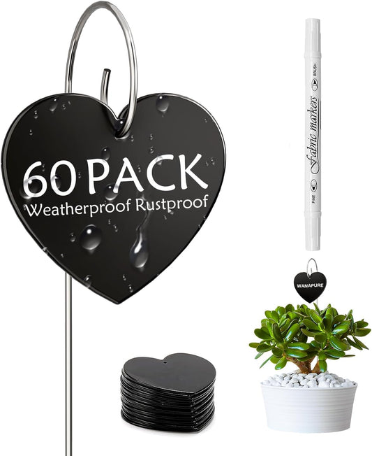 60-Pack Iron Metal Heart Shaped Garden Markers Weatherproof Metal Plant Labels Large Planting Seedling Stake Signs, for Seedlings Herbs Vegetable Greenhouse Gifts with White Marker Pen Labels