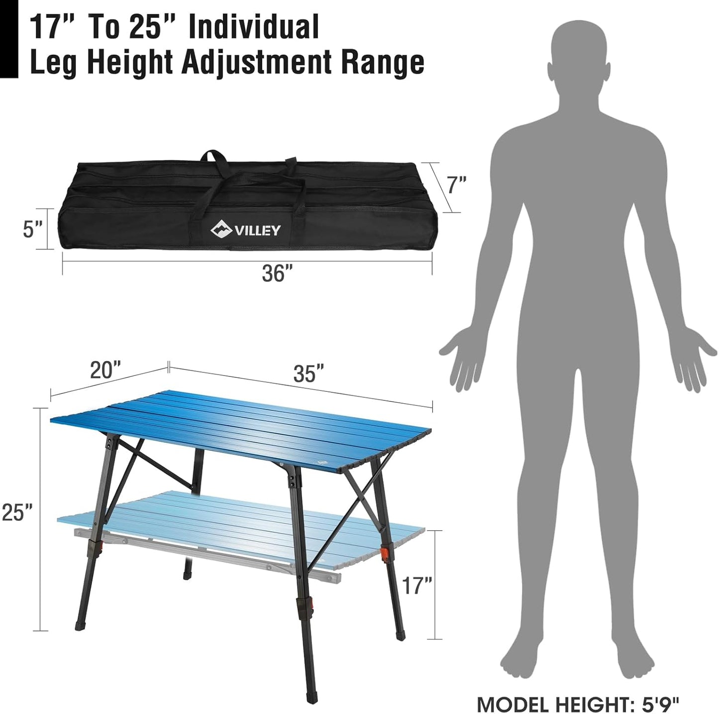 VILLEY Portable Camping Table with Adjustable Legs, Lightweight Aluminum Folding Beach Table with Carrying Bag for Outdoor Cooking, Picnic, Beach, Backyards, BBQ and Party
