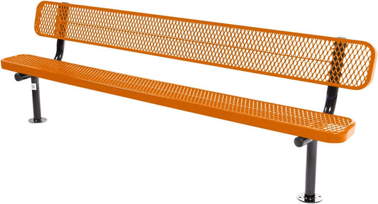 Coated Outdoor Furniture Heavy-Duty Outdoor Bench Thermoplastic Coated, Expanded Metal, Commercial-Grade Seating, Made in America (Surface with Back, 8 Ft, Orange)