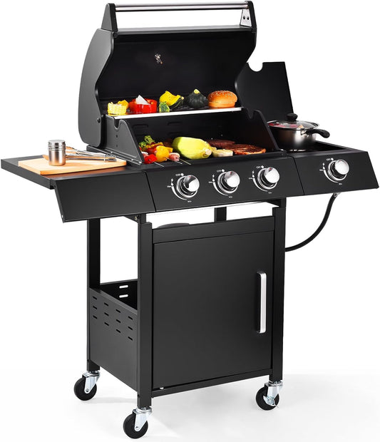 Q042-3-Burner w/Side Burner Gas Grill with 241 SQ.IN. Outdoor Grill with 36,000 BTU,Propane Grills with Top Cover Lid,Grills Outdoor Cooking for Patios,Balcony,Camping,Garden