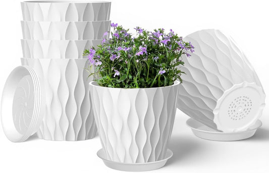 6 Pack 7 Inch Plant Pots with Drainage and Saucers, White Plastic Flower Pots for Indoor and Outdoor Plants, Stackable Nursery Planters for Houseplants and Herbs, White