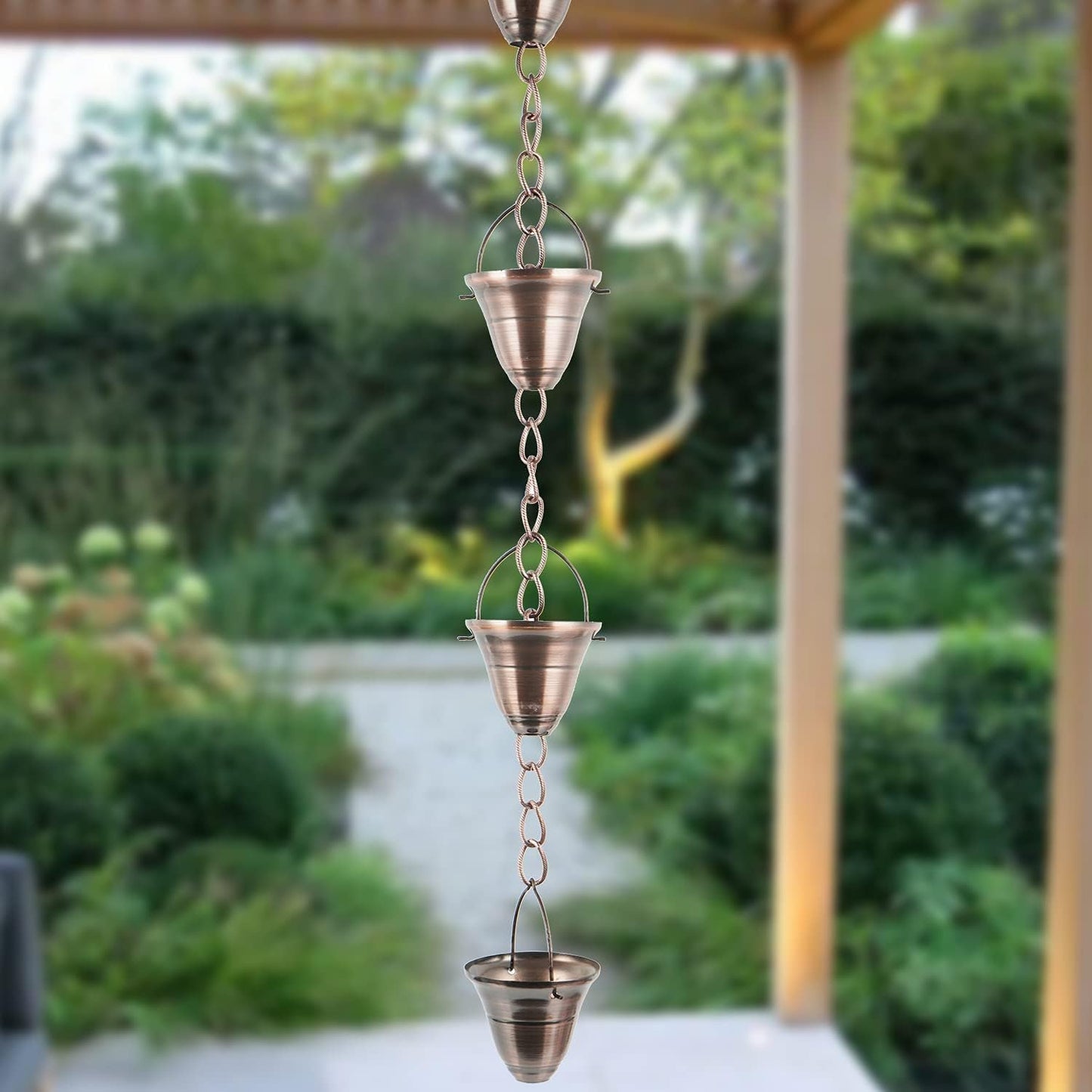 DUSVALLY Rain Chain, 8FT Bell Metal Rain Chain, Functional and Decorative Replacement for Gutter Downspouts, Divert Water and Home Display, Adjustable, Antique Gold