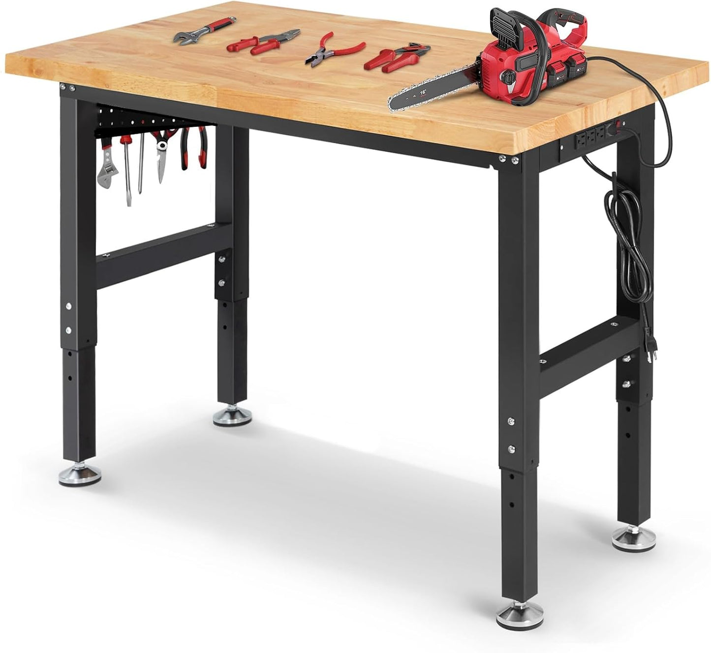 Workbench with Pegboard 48 Inch Work Bench for Garage Adjustable Height Rubberwood Tabletop Garage Workbench with Power Outlet for Woodworking, Home, Office, Workshop