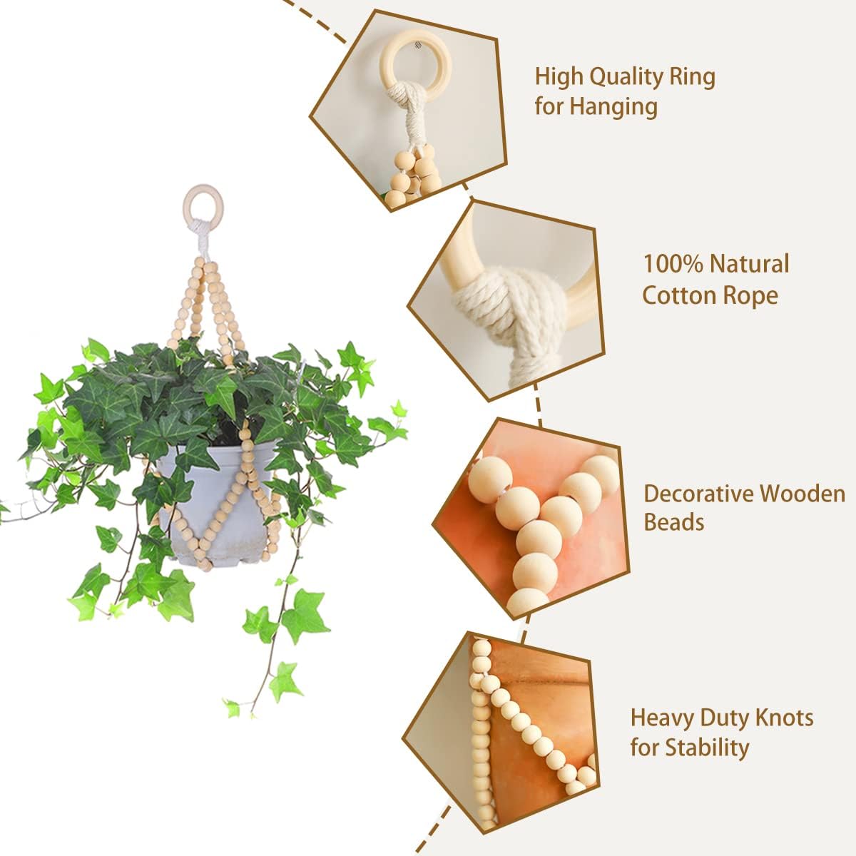 Artilady 2 Pack Beaded Plant Hanger Indoor - Macrame Hanging Planters for Plants Holder No Tassels with Wooden Beads Boho Farmhouse Rustic Home Decor