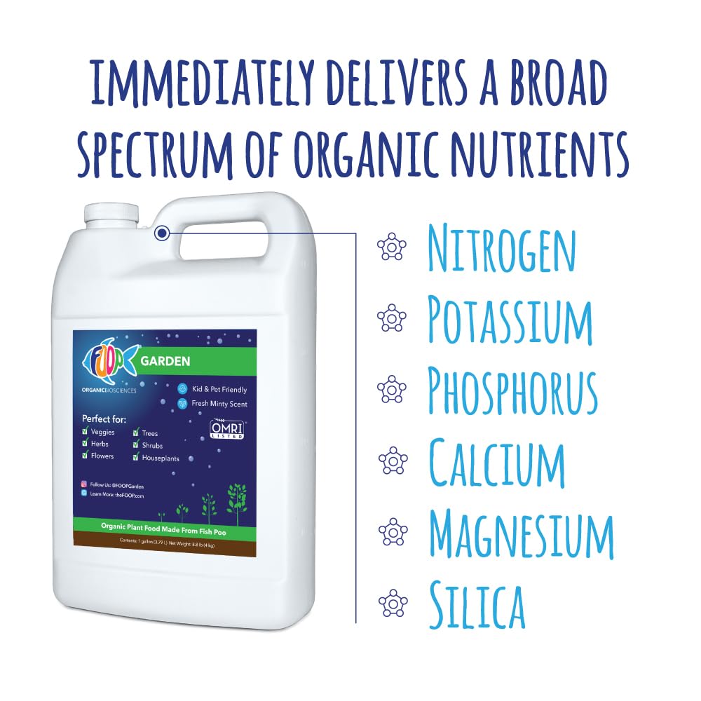 FOOP Garden - Organic Liquid Plant Food Made from Fish Manure (with Fresh Minty Scent) | Fish Fertilizer Alternative Perfect for Veggies, Herbs, Flowers,Trees,Shrubs | Kid&Pet Friendly (1G, 2 Pack)