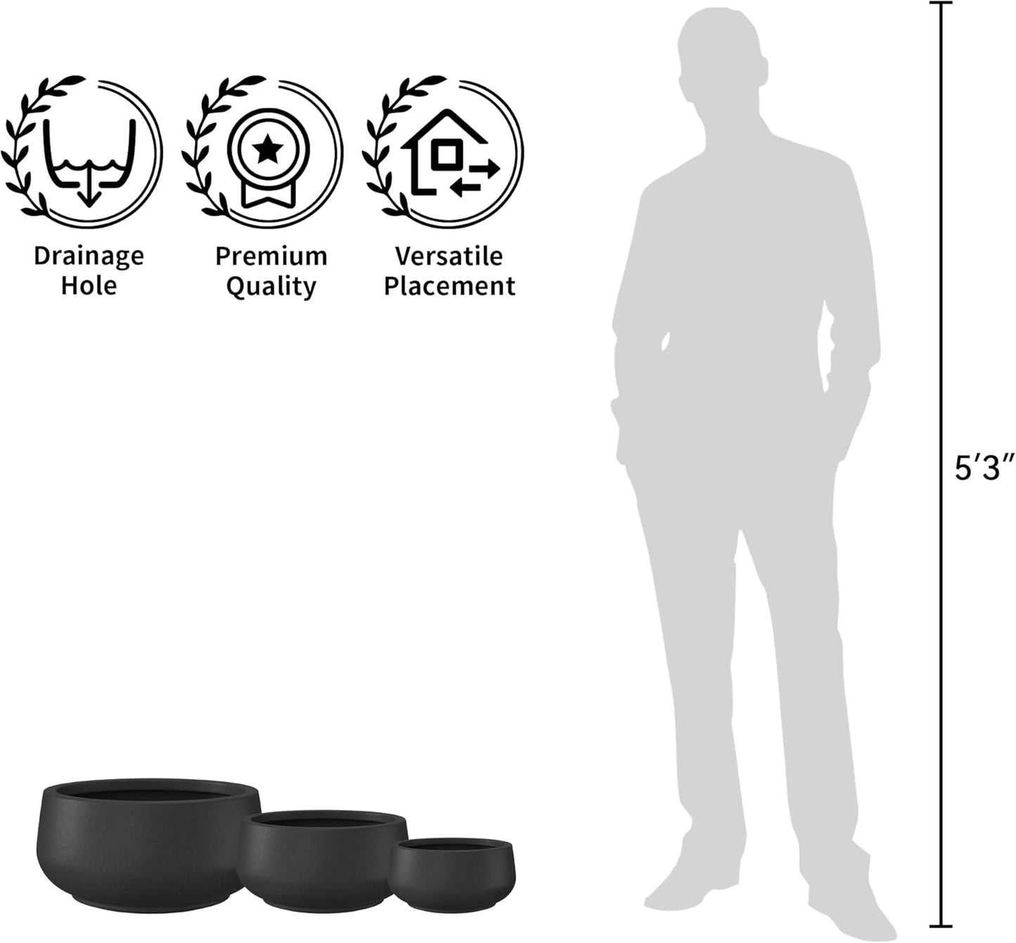 Kante 16.9" Dia Round Concrete Bonsai Planters, Outdoor Indoor Garden Plant Pot with Drainage Hole for Home, Patio, Garden, Black