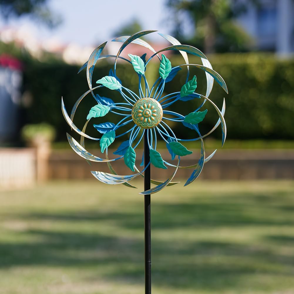 Metal Wind Spinners Outdoor,13'' Dia Green Double Wind Spinner & Sculpture,Waterproof Garden Windmill for Yard Art Decorations