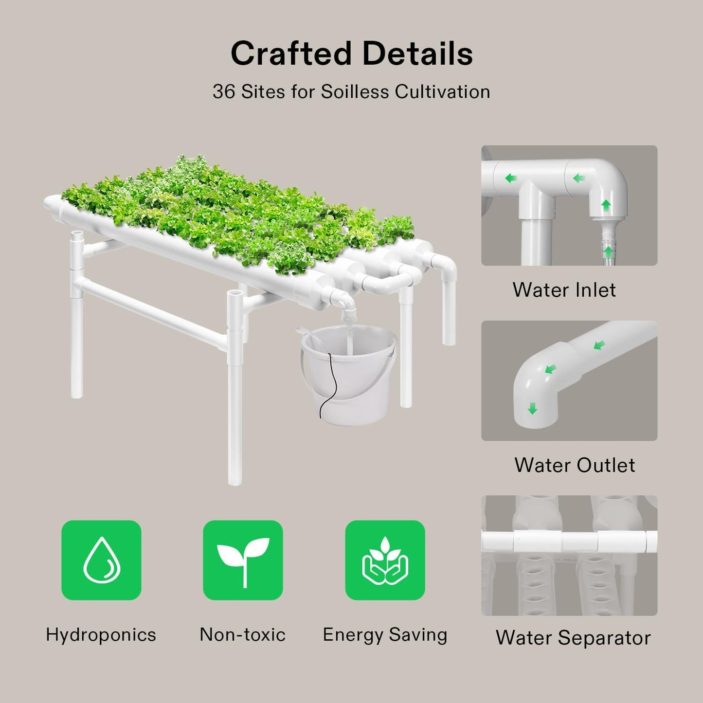 VIVOSUN Hydroponic Grow Kit, 1 Layer 36 Plant Sites 4 Food-Grade PVC-U Pipes Hydroponics Planting System with Water Pump, Pump Timer, Nest Basket and Sponge for Leafy Vegetables