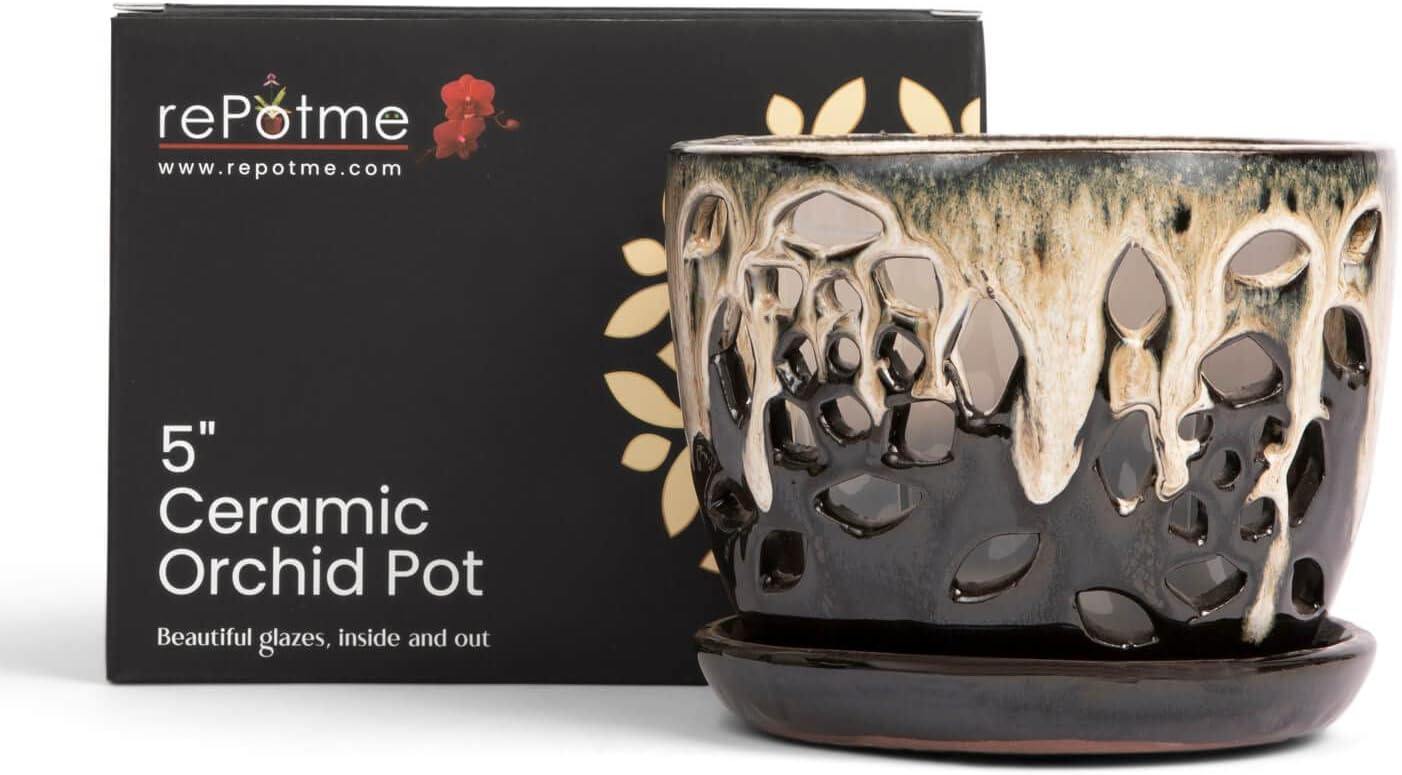 rePotme 5 inch Floral Cutout Ceramic Orchid Pot (Honey Cream Over Coffee)