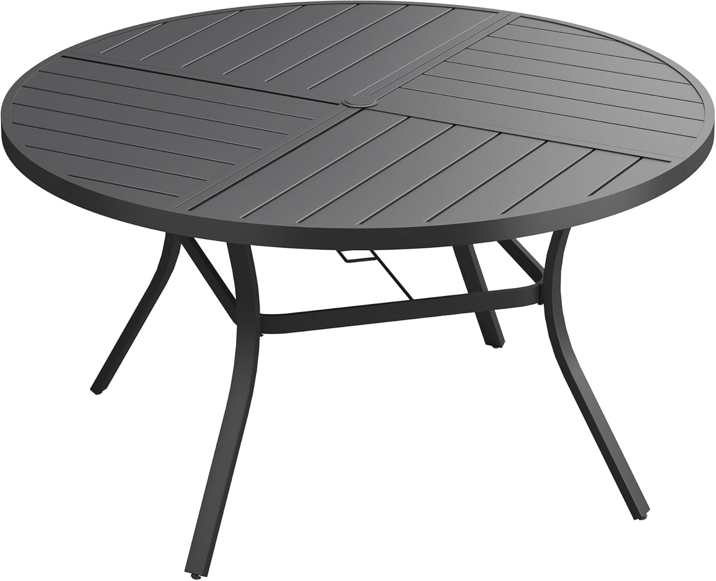 DIFY 53.1" Round Outdoor Patio Dining Table for 6-8, All-Weather Metal Steel Slatted Patio Table with 1.57" Adjustable Umbrella Hole, for Lawn Garden Porch Backyard, Black