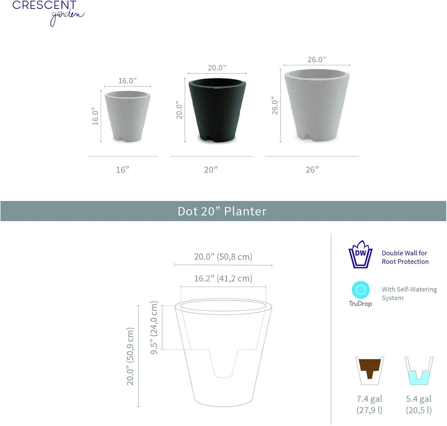 Crescent Garden Dot TruDrop Indoor/Outdoor Planter, Self-Watering Plant Pot, 20 Inches, (Old Bronze)