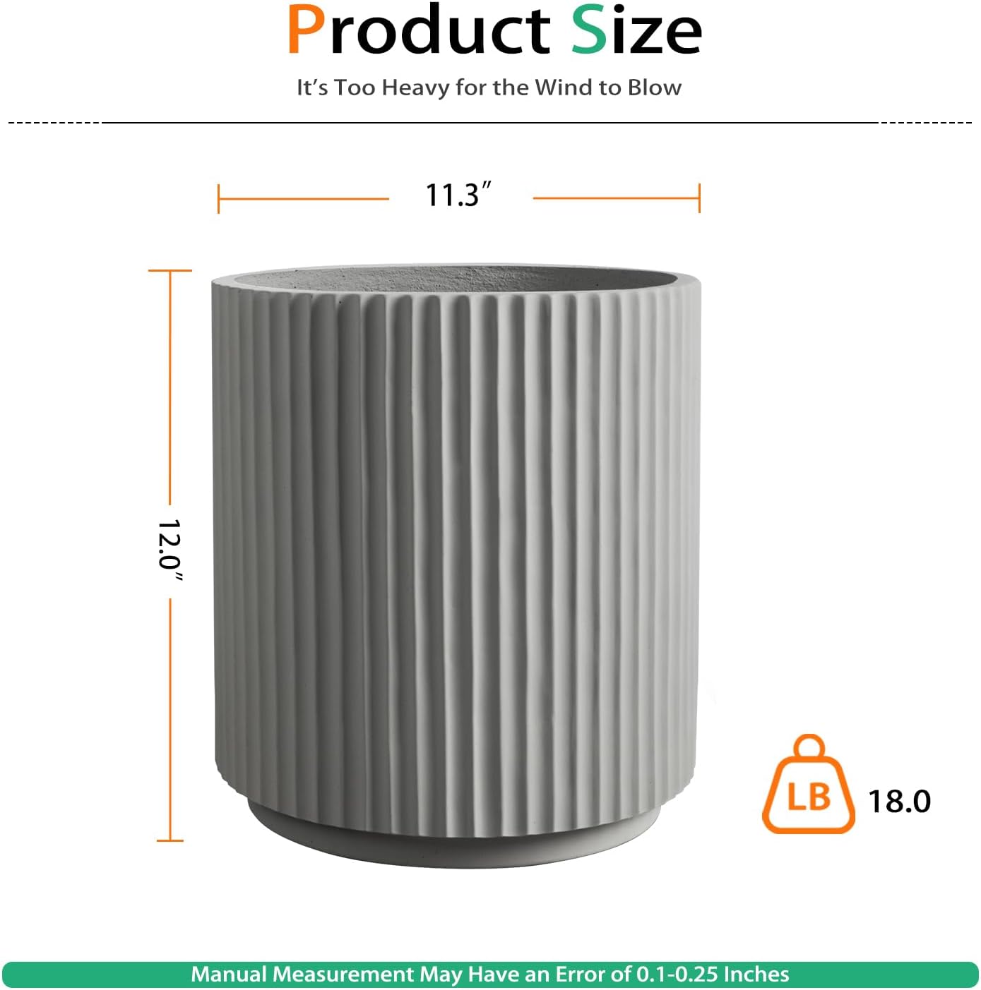 Round Concrete Planter Outdoor Indoor, Large Cement Plant Pots for Flowers (Vertical Gray, 12 inch)