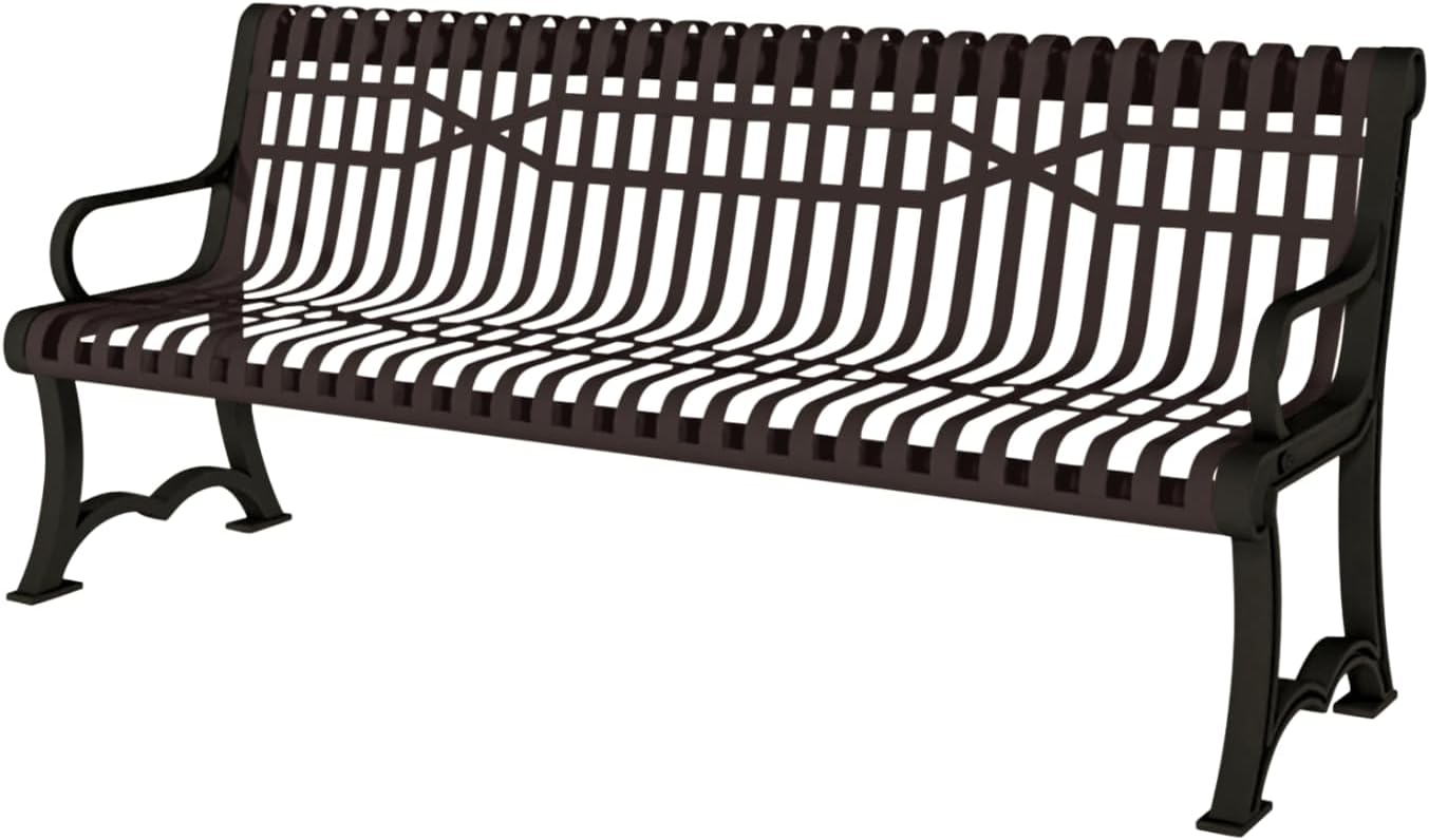 Coated Outdoor Furniture Heavy-Duty Outdoor Bench Thermoplastic Coated, Slatted Steel, Commercial-Grade Garden Bench, Made in America (Portable with Back, 4 Ft, Brown)