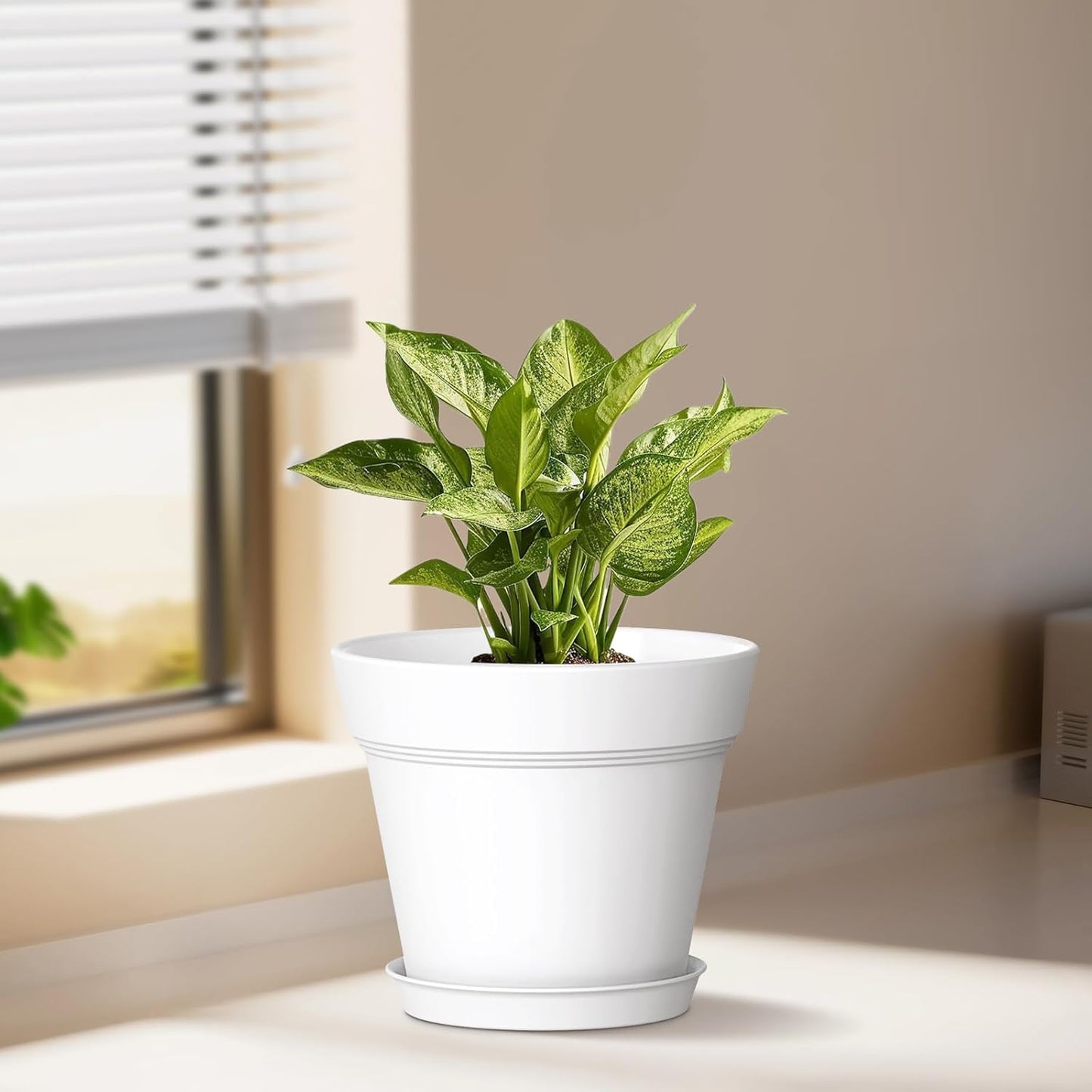 4 Inch Plastic Plant Pots with Drainage Holes and Trays – 8 Pack Small Nursery Pots for Indoor & Outdoor House Plants and Flowers, Seedling Starter Planters, White