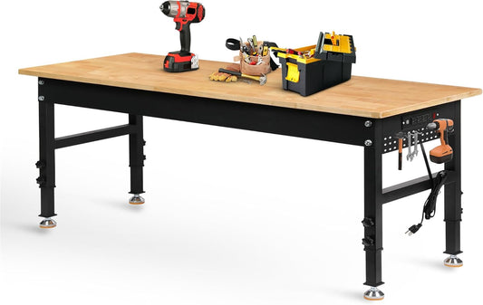 70" Adjustable Height Workbench, 2000 LBS Heavy Duty Work Table with Power Outlets & Pegboard, Rubber Wood Workstation for Garage, Workshop, Office, Home, Commercial