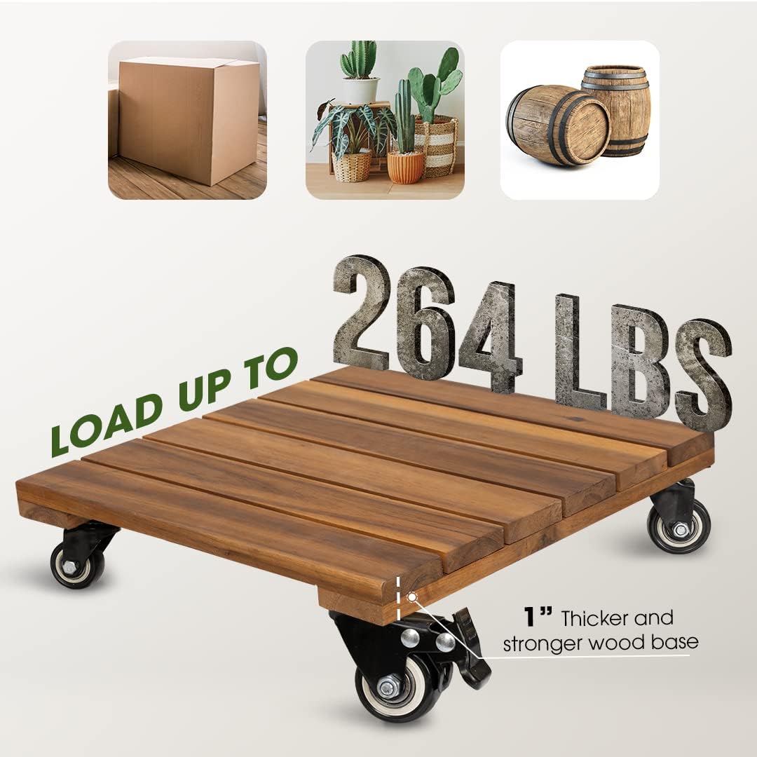 Idzo 2-Pack 14 Inch Wood Plant Caddy with Wheels Heavy Duty, 264 lbs Acacia Hardwood Plant Caster Dolly Rolling Stand with 360° Lockable Wheels for Heavy Plant Pots and Outdoor Use