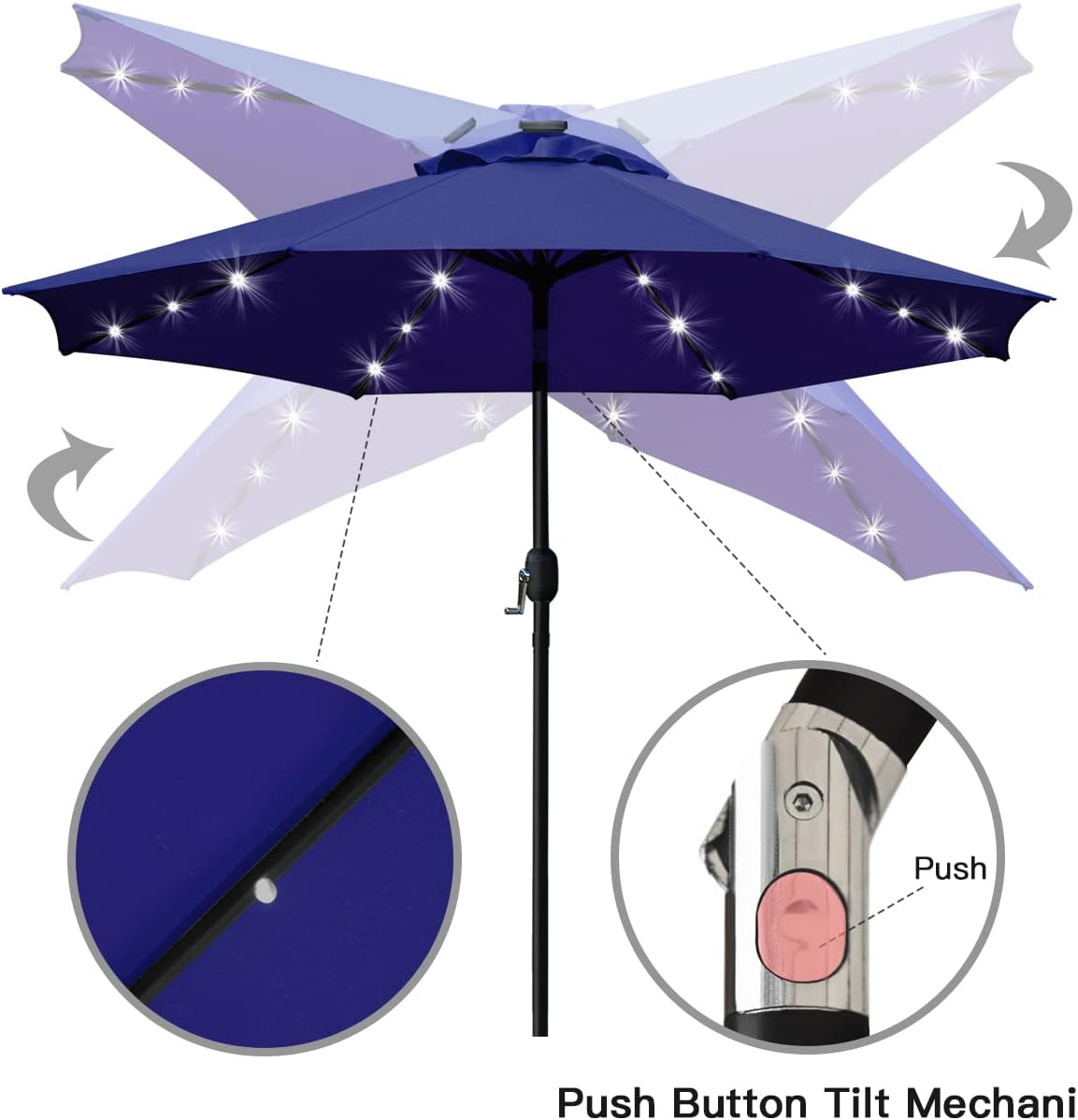 Sunnyglade 9' Solar LED Lighted Patio Umbrella with 8 Ribs/Tilt Adjustment and Crank Lift System (Navy Blue)