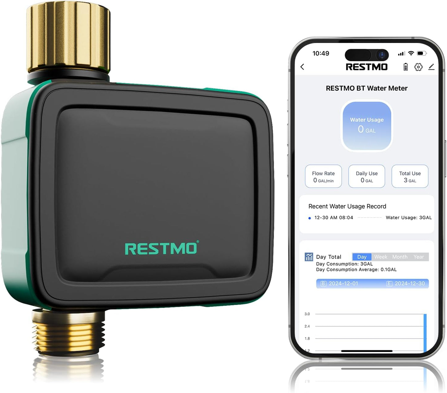 RESTMO Smart Sprinkler Timer with Flow Meter, Water Timer for Garden Hose, Brass Inlet & Outlet, Automatic Lawn & Yard Irrigation Watering System, APP Control (Bluetooth Connection, Not Include Hub)