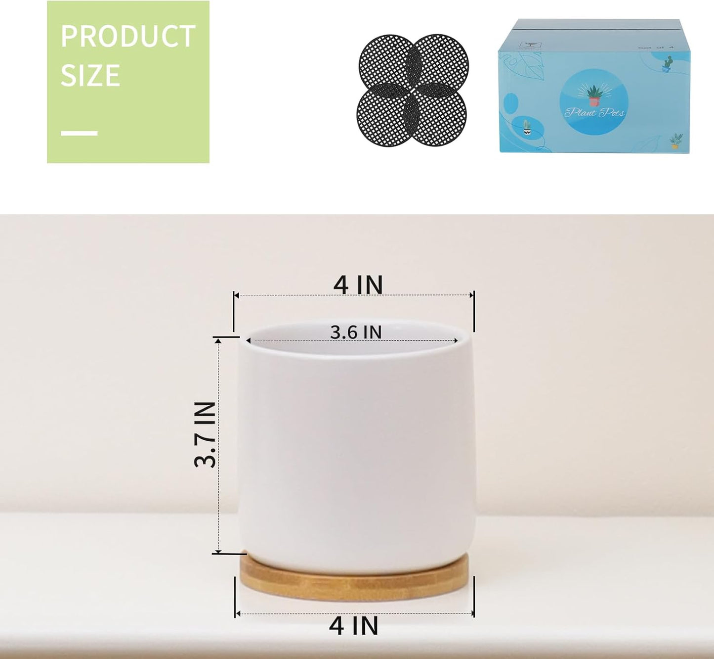 4 Inch Ceramic Plant Pots with Drainage Holes and Trays, Adorable Small Cylinder Flower Planter Pot with Saucers for Indoor Plants, Succulent, Snake Plants, Cactus & Herbs, White, Set of 4