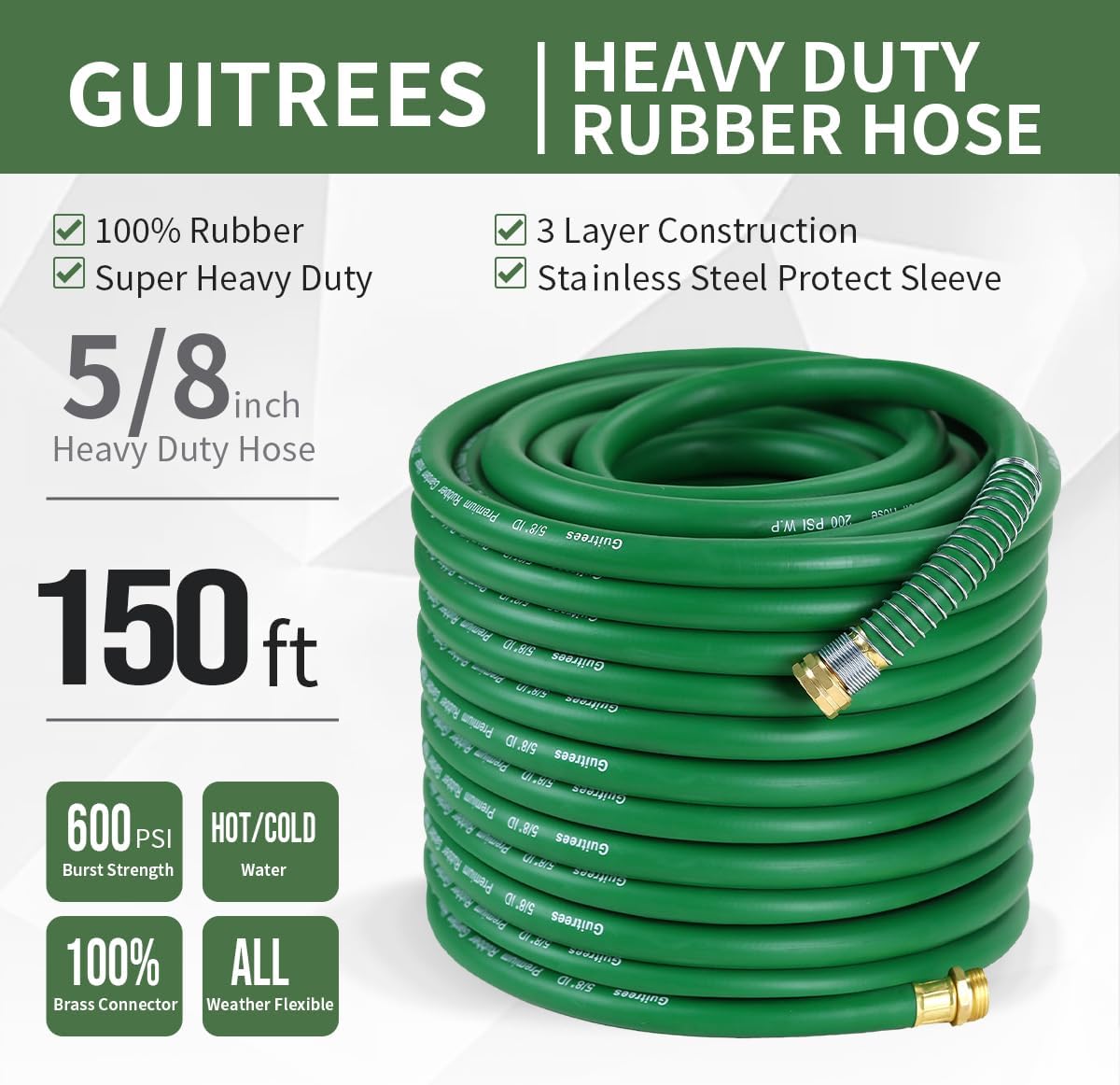 150ft 5/8 Heavy-Duty Rubber Garden Hose - 200psi Working, 1000psi Burst - Hot/Cold Water - Five-Layered Braiding for Durability - Versatile for Gardening, Agriculture, Construction (Green)