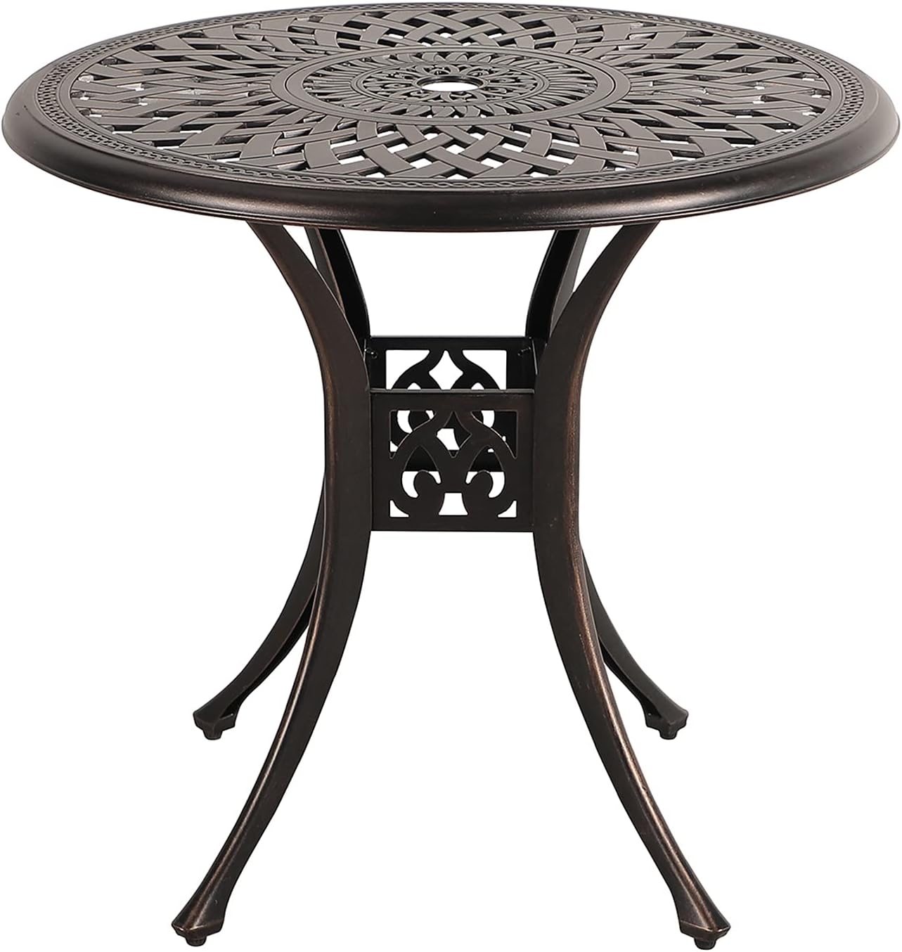 COBANA Patio Bistro Table, 31’’ Round Cast Aluminum Outdoor Dining Retro Side Table with 2’’ Umbrella Hole, Bronze