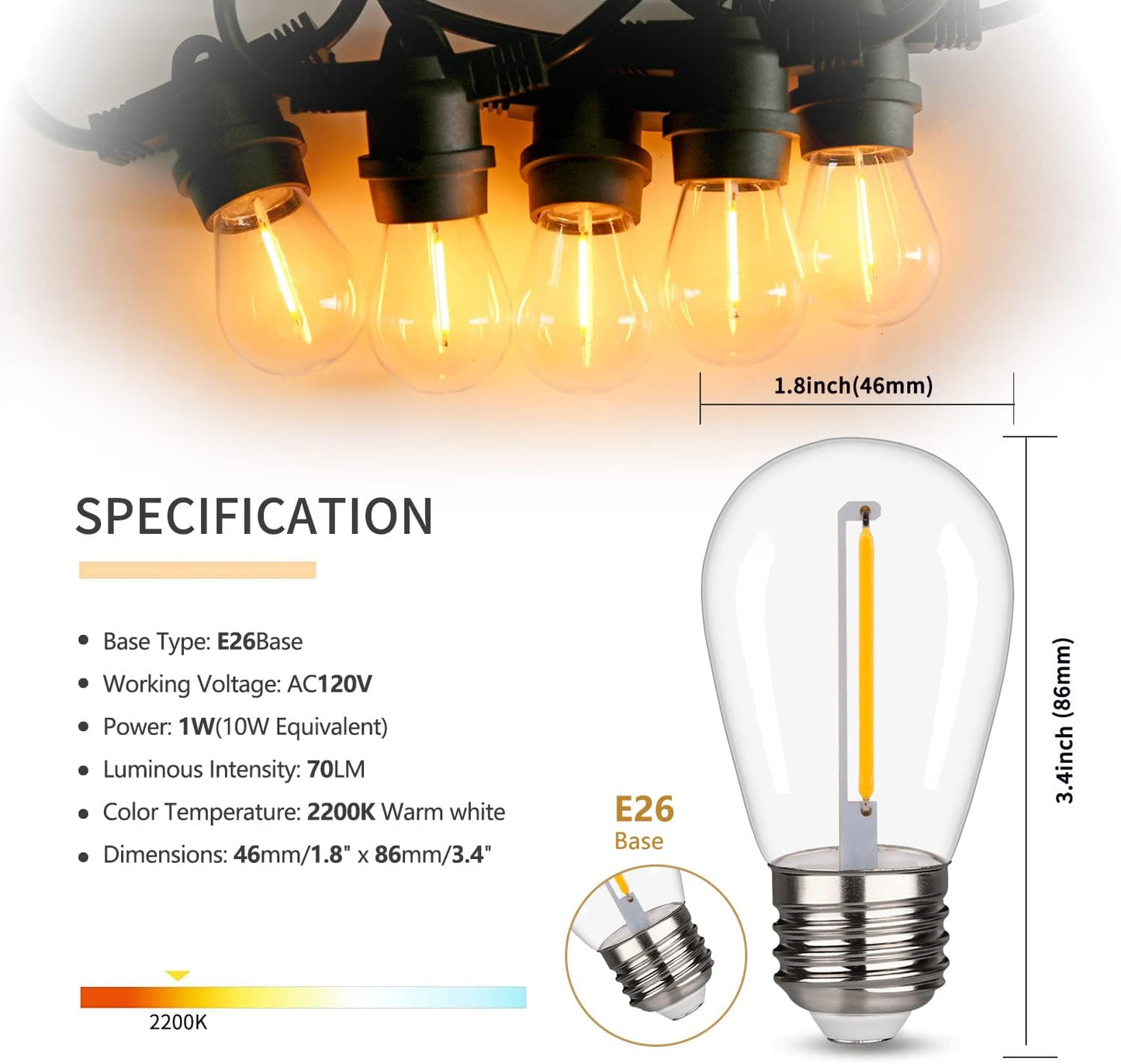 S14 Replacement LED Light Bulbs, Shatterproof & Waterproof 1W S14 LED Bulbs, Outdoor String Lights , E26 Base Patio Edison LED Light Bulbs, Warm White 2200K Plastic 70ML Non-Dimmable 25 Pack