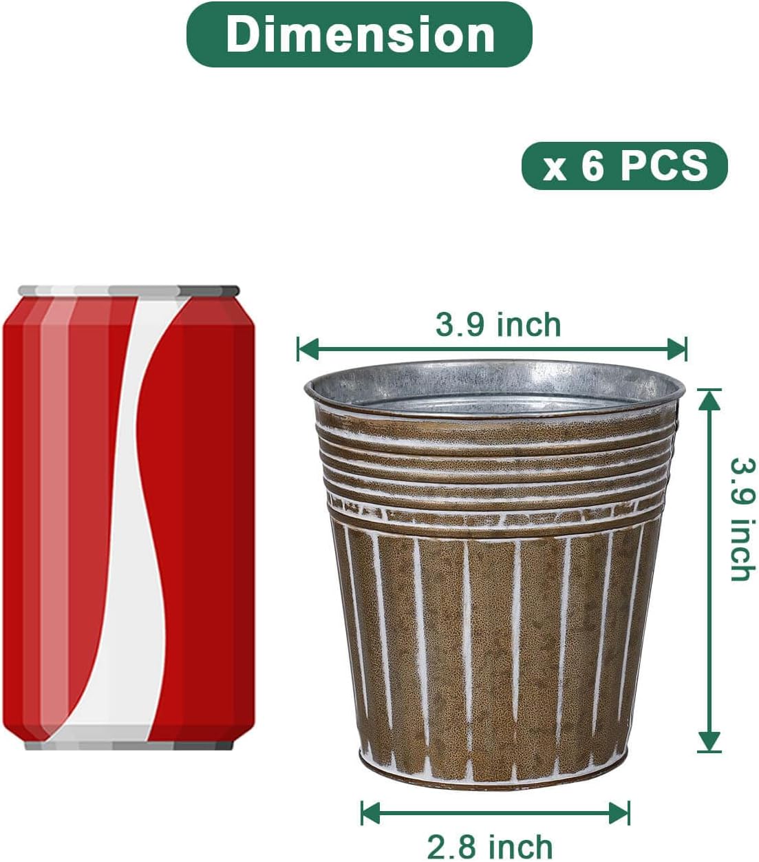 vensovo 4 Inch Brown Metal Rustic Flower Pots - 6Pcs Small Galvanized Planters with Drainage Hole and Rubber Plug, Rustproof Metal Bucket Plant Pots Farmhouse Vintage Style for Decor