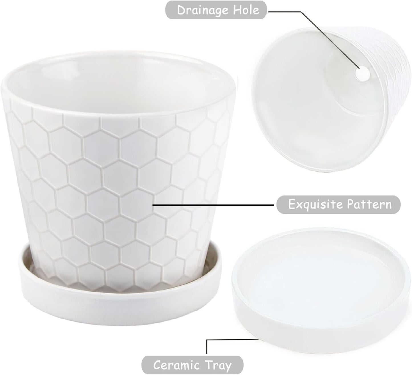 Ceramic Plant Pots,4+5+6 Inch Pots for Indoor Plants,Planters with Drainage Holes and Ceramic Tray, Indoor Flower Pots Gardening Home Desktop Office Windowsill Decoration Gift,Set of 3 (White)