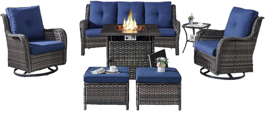 Outdoor Patio Furniture Set with Propane Fire Pit Table, 7 Pieces Wicker Patio Conversation Set with 2 Swivel Glider Rocker Chairs Rattan Sofa Blue Cushion Perfect for Casual Gathering Gray