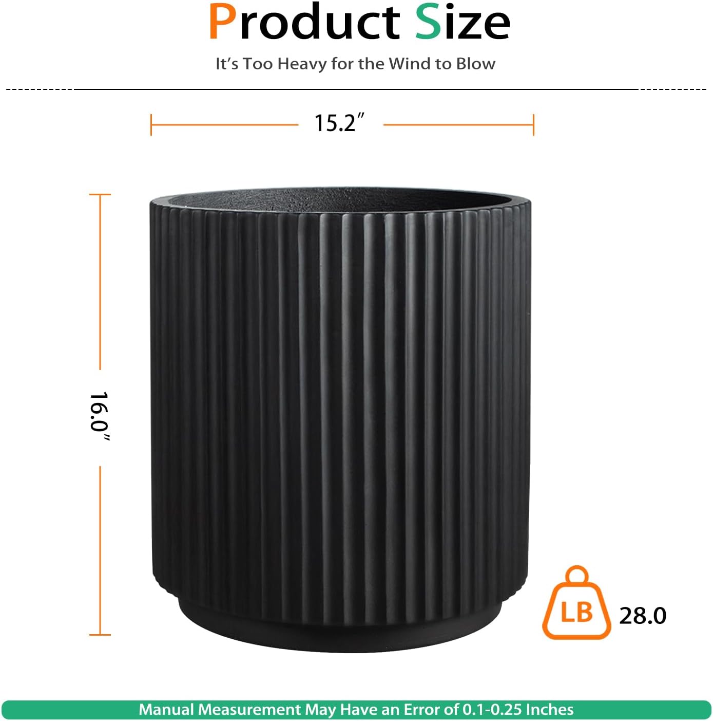 Round Concrete Planter Outdoor Indoor, Large Cement Plant Pots for Flowers (Vertical Black, 16 inch)