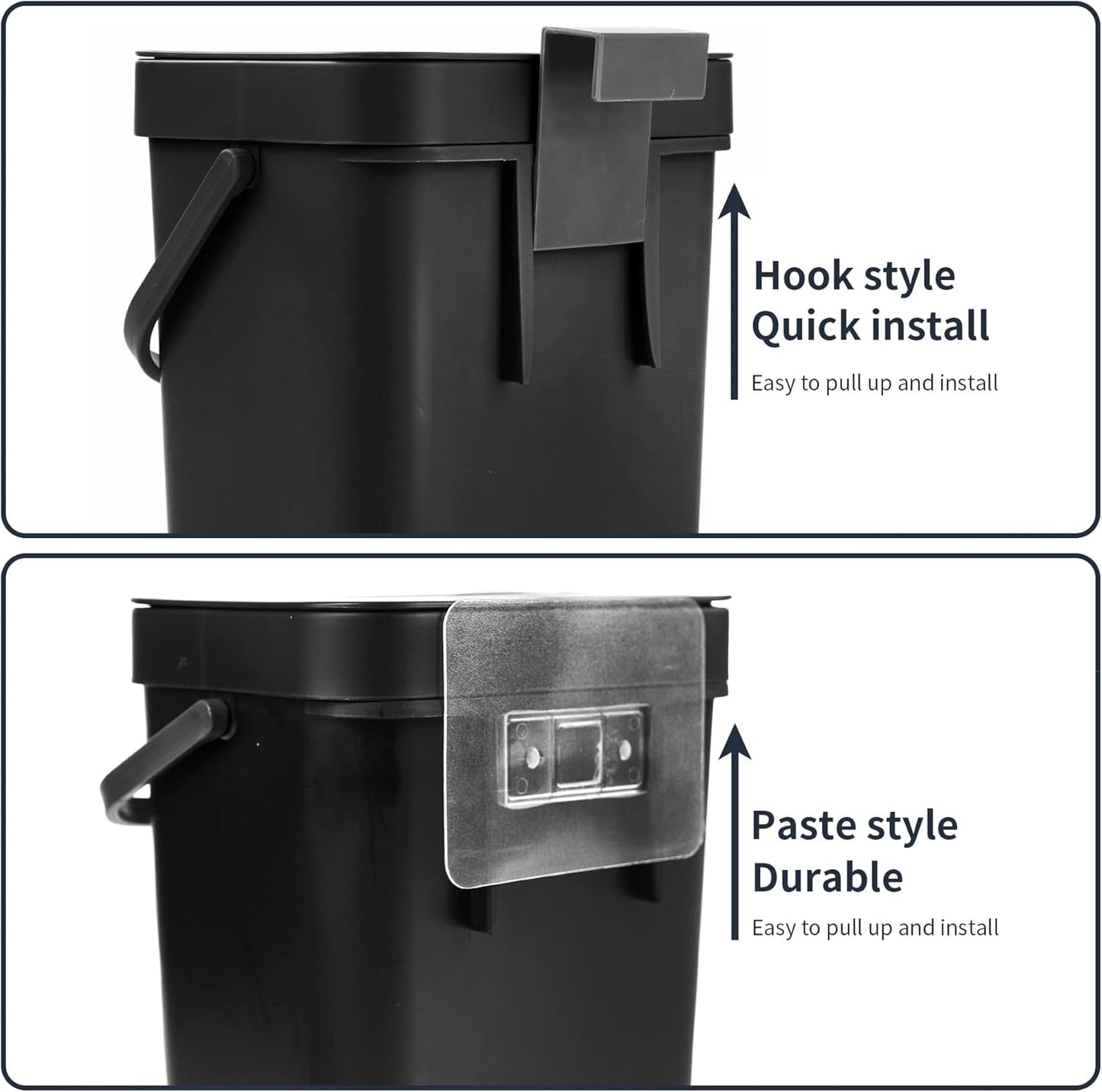 Domiella 2 Pack 1.3 + 0.8Gal Hanging Small Trash Can with Lid, Kitchen Compost Bin for Counter Top Under Sink, Sealed Food Waste Bin, Mountable Indoor Compost Bucket for Cupboard/Bathroom (Black)