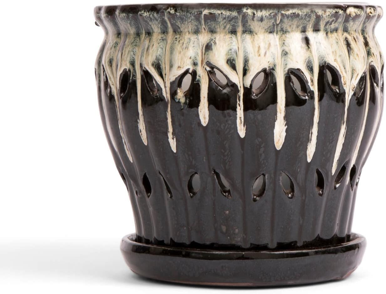 rePotme 6" Pinwheel Fluted Ceramic Plant Pot (Honey Cream Over Coffee) - - Includes Free 6 inch Slotted Pot Liner - Great for Orchids, Succulents, and All Indoor Plants