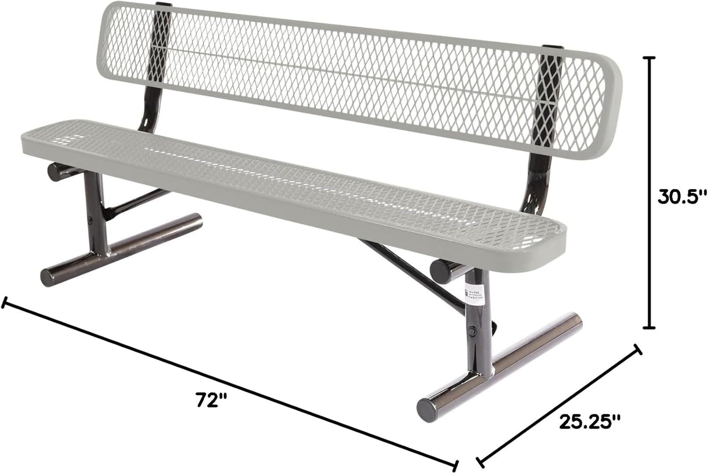 Heavy-Duty Portable Outdoor Bench Thermoplastic Coated, Expanded Metal, Commercial-Grade Seating, Made in America (Portable with Back, 6 Ft, Textured Grey)