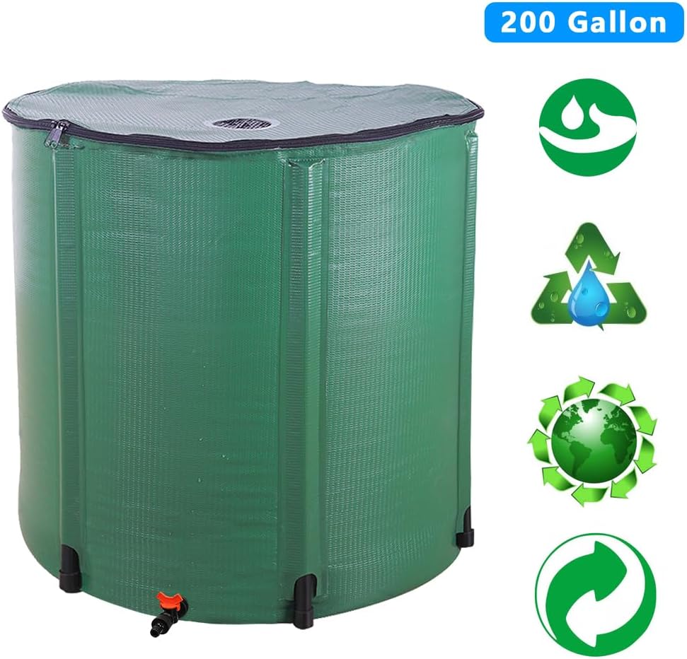 Collapsible Rain Barrel, 200 Gallon Portable Rainwater Collection System, Water Storage Tank, Rain Catcher Barrel with Spigots and Overflow Kit, Rain Water Barrel Collector for Garden, Green